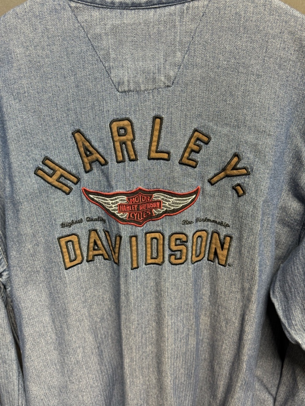Vintage Harley Davidson Embroidered Denim Shirt XL Blue Herringbone Button Up - Picture 3 of 10